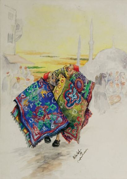 MITRITEH (XXème siècle) Les marchands de tapis, Turquie Aquarelle, signée en bas...