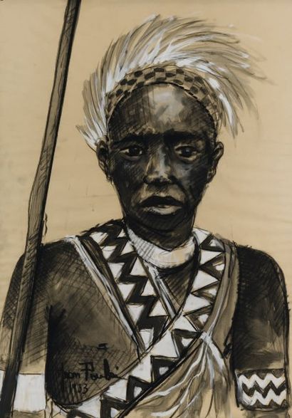 Jean POULAIN (1884-1967) Le guerrier africain Technique mixte, signée en bas à gauche...