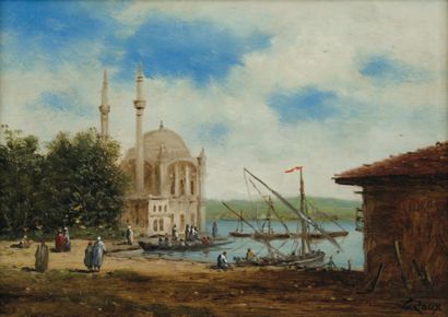 Jacques ROUX (XXème siècle) Mosquée au bord du Bosphore Huile sur panneau, signée...