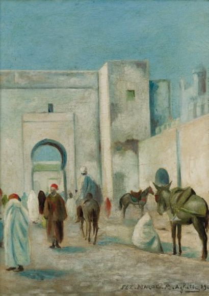 Roméo AGLIETTI (1878-1956) Porte à Fez - Maroc Huile sur toile, située, signée et...