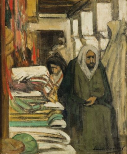 Lucien HOURTAL (1877-1944) Souk aux tissus, Maroc Huile sur toile, signée en bas...