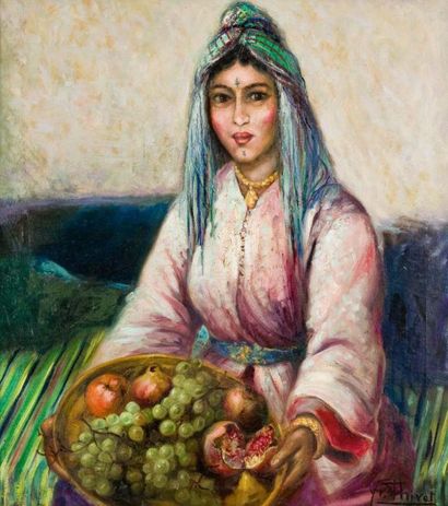 Yvonne THIVET (1888-1972) Femme arabe portant un plateau de fruits Huile sur toile,...