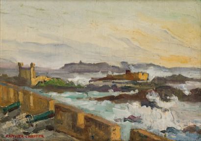 Lucie RANVIER CHARTIER (1867-1932) Les Remparts d'Essaouira Huile sur panneau, signée...