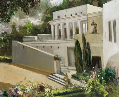 José CRUZ-HERRERA (1890-1972) Villa au cyprés Huile sur toile, signée en bas à droite....