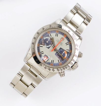 TUDOR - MONTE CARLO. Vers 1970. Bracelet montre chronographe en acier. Cadran gris...