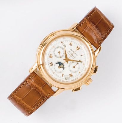 ZENITH - CHRONOMASTER. Montre de poignet chronographe en or rose. Cadran guilloché...