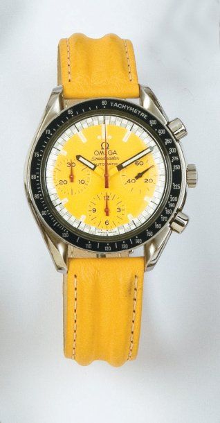 OMEGA - SPEEDMASTER BROWDAROW Montre de poignet chronographe en acier. Cadran jaune...