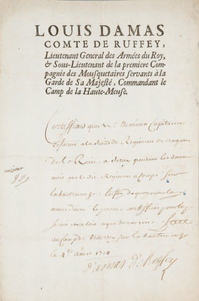 null [MEUSE] Beau certificat signé par Louis Damas de Ruffey, à son en-tête de Lieutenant...
