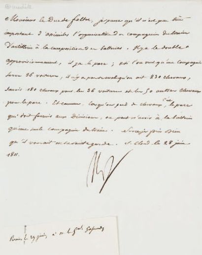 null Organisation du train d'artillerie. Lettre signée Np., adressée au Duc de Feltre,...