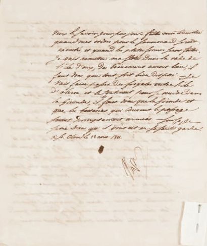 null Armement des batteries. Lettre signée Napo., adressée au Duc de Feltre, Ministre...