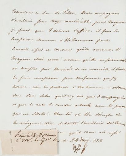 null Réorganisation de l'artillerie. Lettre signée Napol., adressée au Duc de Feltre,...