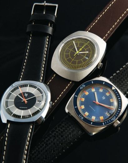 LIP Lot de 3 Montres Design Tonneau, vers 1970 Beau lot de montres de la collection...