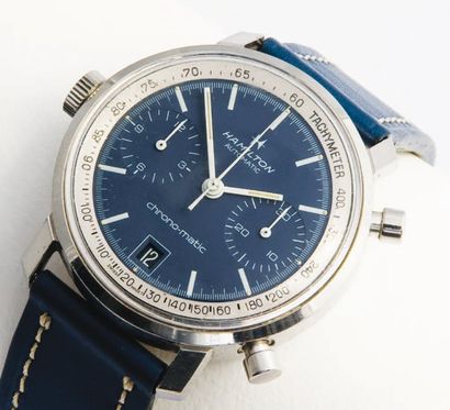 HAMILTON Chrono-Matic, vers 1970 Superbe chronographe en acier de forme ronde à fond...