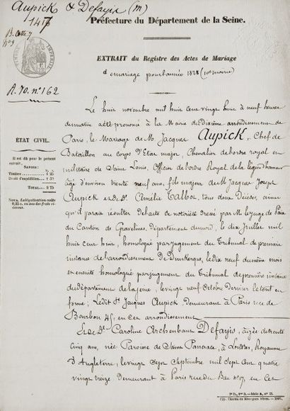 [Caroline Archenbaut DEFAYIS, Jacques AUPICK] Extrait de l'acte de mariage du Chef...