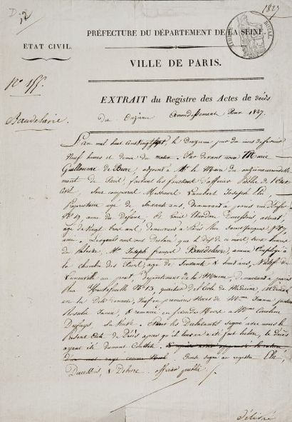[Joseph François BAUDELAIRE] Extrait de l'acte de décès de Joseph-François Baudelaire,...
