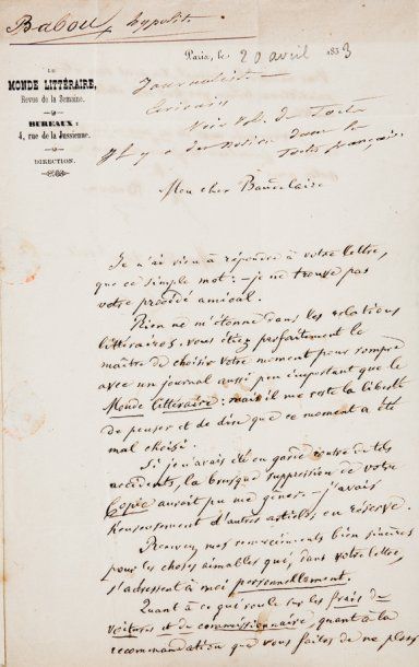 [Charles BAUDELAIRE] Hippolyte BABOU (1823-1878). Ecrivain et critique littéraire....