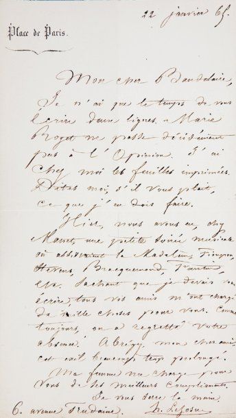 [Charles BAUDELAIRE] Hippolyte LEJOSNE Six lettres autographes signées d'Hippolyte...