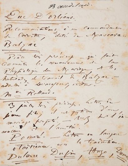 Charles BAUDELAIRE Manuscrit de Baudelaire. Liste de lettres autographes très précieuses,...
