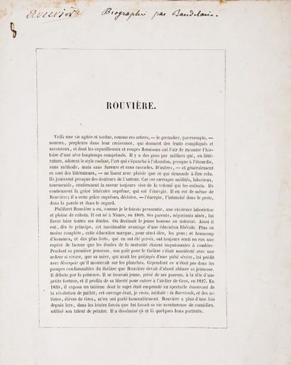 Charles BAUDELAIRE Préoriginale de la notice de Charles Baudelaire rédigée sur Philibert...