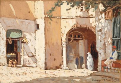 Paul BELLANGERADHÉMAR (1868-1948) Place animée à Tunis Gouache, aquarellée, signée...