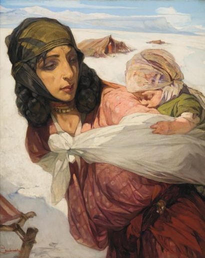 Jules VAN BIESBROECK (1873-1965) Maternité au campement Huile sur toile, signée en...