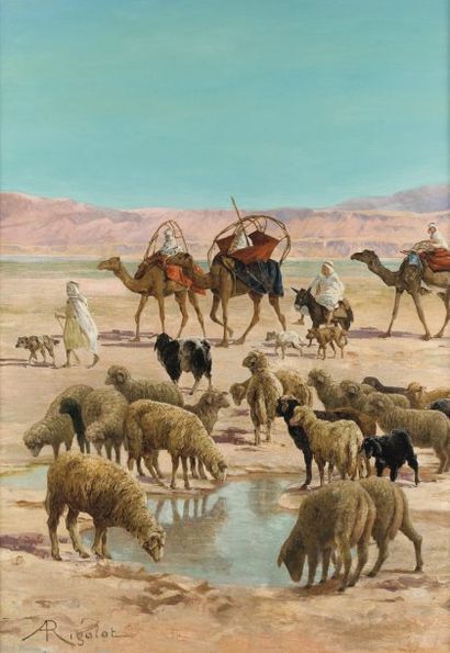 Albert Gabriel RIGOLOT (1862-1932) Moutons dans l'Oued Huile sur toile, signée en...