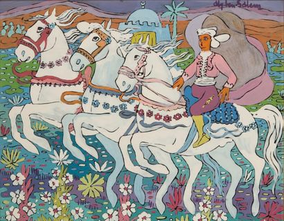 Aly BEN SALEM (1910-2001) Le cavalier et les trois chevaux Huile sur plaque de verre,...