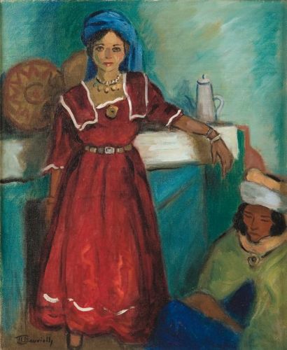 Maurice BOUVIOLLE (1893-1971) La femme en rouge au turban bleu Huile sur toile, signée...