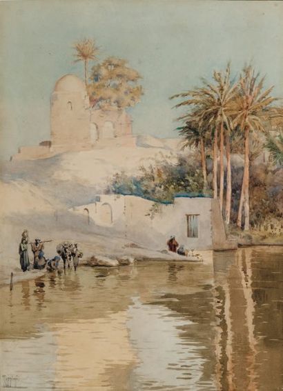 Vittorio RAPPINI (1877-1939) Sur les bords du Nil Aquarelle, signée en bas à gauche....