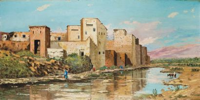 Pierre de SAEDELER (XXème siècle ) Kasbah au bord de l'Oued Huile sur panneau d'isorel,...