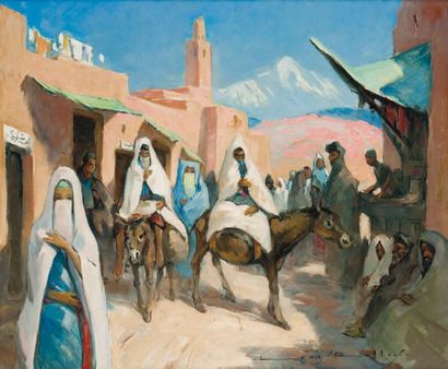 Louis ROLLET (1895-1988) Ruelle animée dans le Haut Atlas - Maroc Huile sur panneau,...
