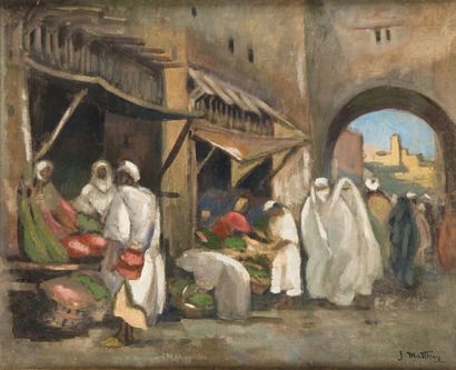 Jules MATTHEY (1852-1917) Marché au Maroc Huile sur toile, signée en bas à droite....