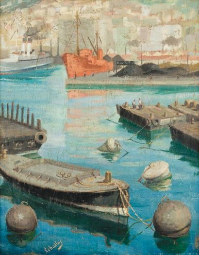 Rufino CEBALLOS (1907-1970) Port d'Alger Huile sur panneau, signée en bas à gauche....
