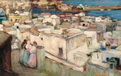 Alfred DABAT (1869-1935) Les terrasses d'Alger 1913/1914. Huile sur panneau signée...