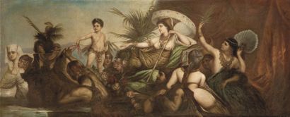 Ecole Orientaliste du XIXème siècle Descente de Cléopâtre sur le Nil Huile sur toile....