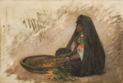 Gustave Nicolas PINEL (1842-1896) Préparation du couscous Huile sur panneau. 22 x...