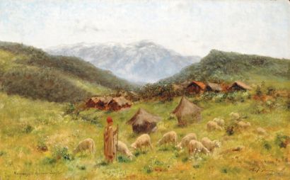 John Lewis SHONBORN (1852-1931) Le berger Kabyle Huile sur panneau d'acajou, signée...