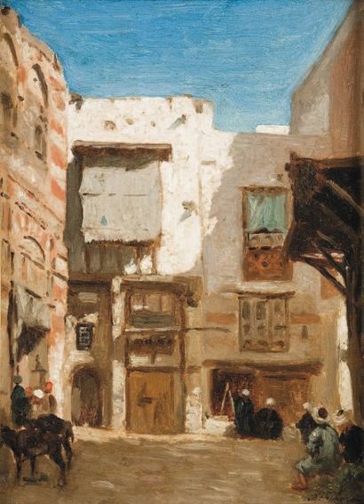 Narcisse BERCHERE (1819-1891) Rue animée au Caire Huile sur papier. 24,5 x 18 cm
