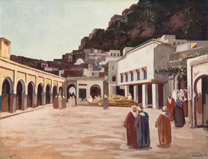Azouaoui MAMMERI (1890-1954) Discussion dans l'Atlas, Maroc Gouache, signée en bas...