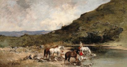 Victor HUGUET (1835- 1902) Halte des Cavaliers au bord de l'Oued. Huile sur toile...