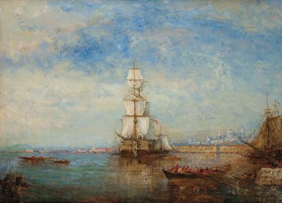 Entourage de Felix ZIEM (XIXème siècle) Caïque et bateau à voiles sur le Bosphore...