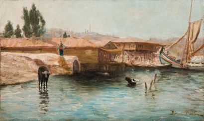 François Léon PRIEUR-BARDIN (1870-1939) L'embarquement, rivages du Bosphore Huile...