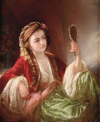 Franz STERRER (1818-1901) Jeune ottomane au miroir Huile sur toile, signée en bas...