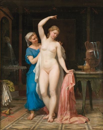 Pierre BONIROTE (1811-1891) Jeune grecque essuyée par sa servante Huile sur toile,...