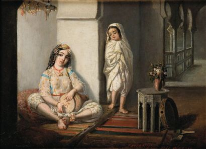 Emmanuel Joseph LAURET L'Ainé (1809-1882) Algéroise au tambourin et son enfant Huile...