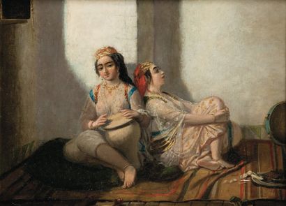 Emmanuel Joseph LAURET L'Ainé (1809-1882) Deux algéroises dans un intérieur Huile...