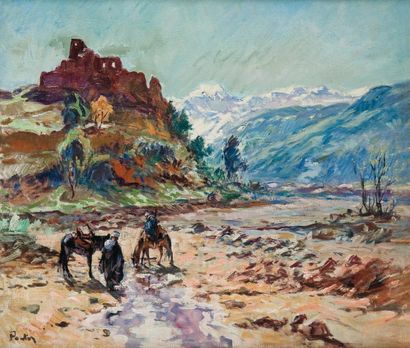 Henry PONTOY (1888-1968) Cavaliers marocains au pied de l'Atlas enneigé. Huile sur...