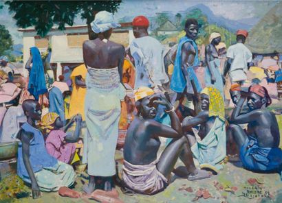 Jacques MAJORELLE (1886-1962) Marché à Macenta (Guinée) Technique mixte sur isorel,...