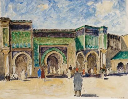 Ecole Orientaliste du XXème siècle Porte à Meknès (Bab Mansour) Gouache, située portant...
