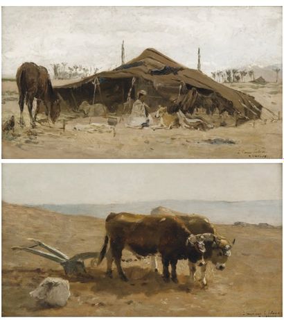 Paul VAYSON (1842-1906) Scène de labour, Afrique du Nord - Campement oriental Deux...